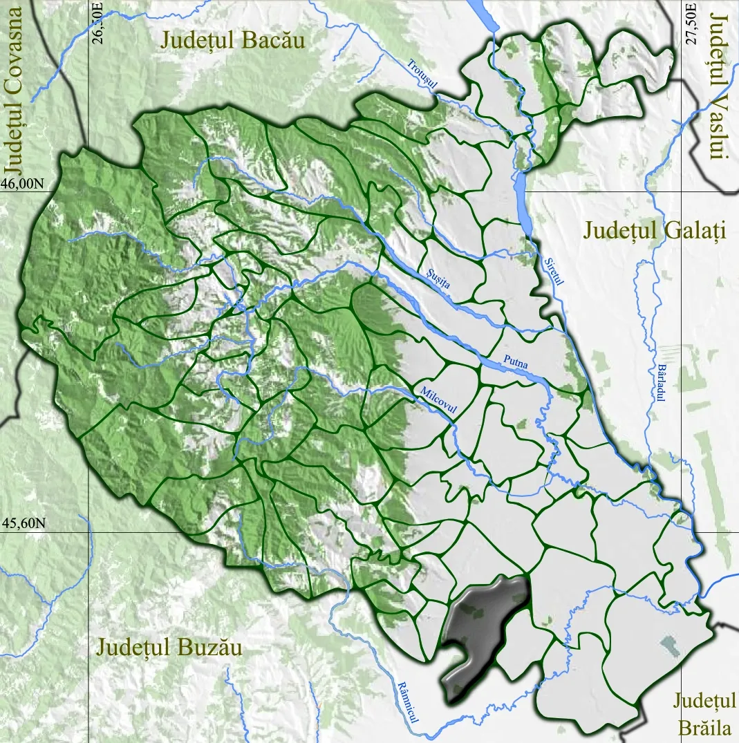 Locatiekaart van de gemeente Sihlea binnen district Vrancea, Roemenië, waar de GPL-tank explodeerde.