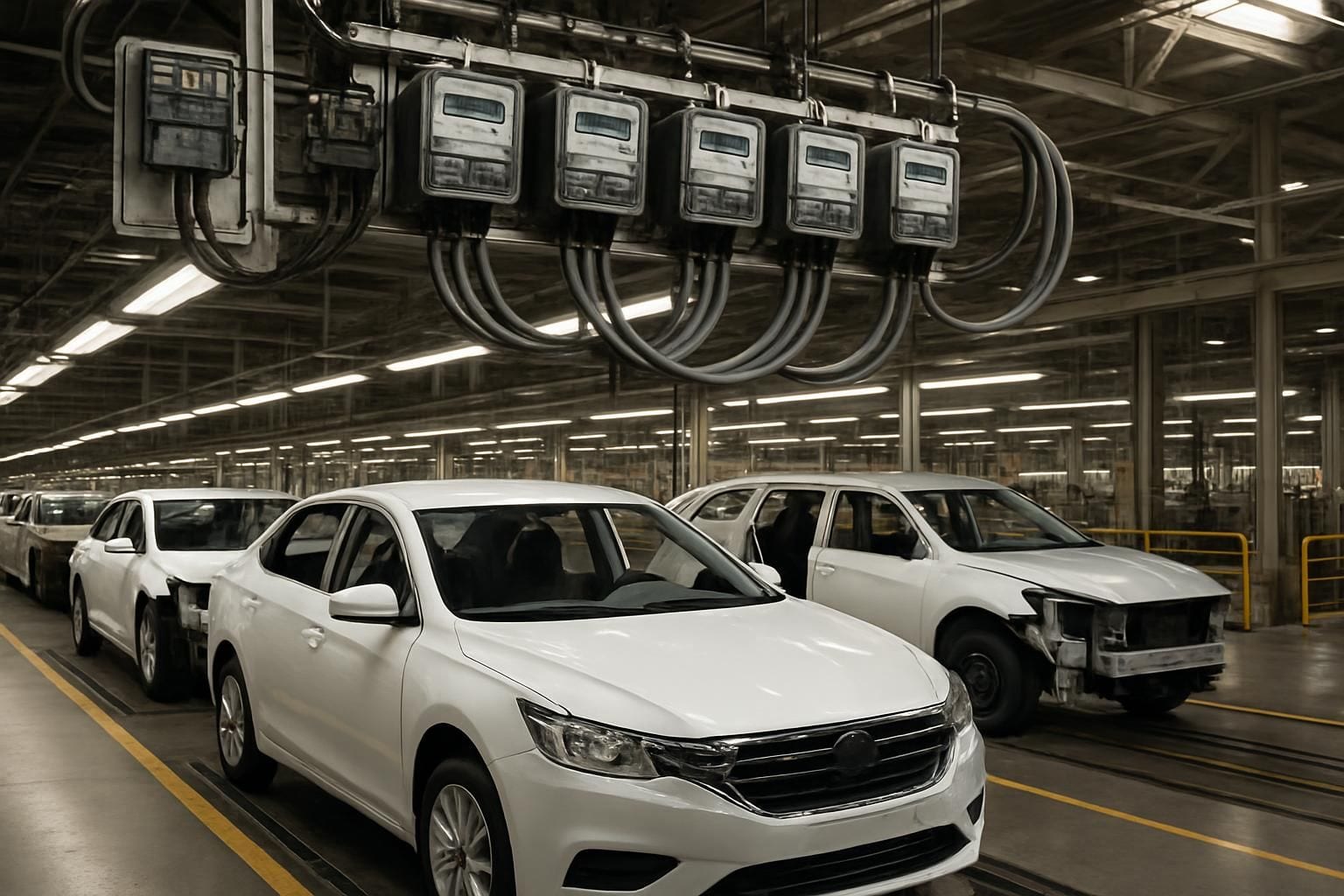 Industriële fabriekshal met elektriciteitsmeters, symbool voor hoge energiekosten in de Roemeense industrie