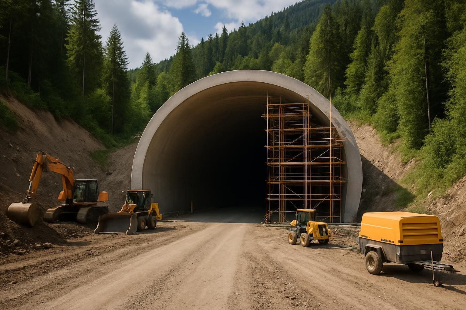 Een tunnelportaal in aanbouw op een bergautosnelweg in de Karpaten